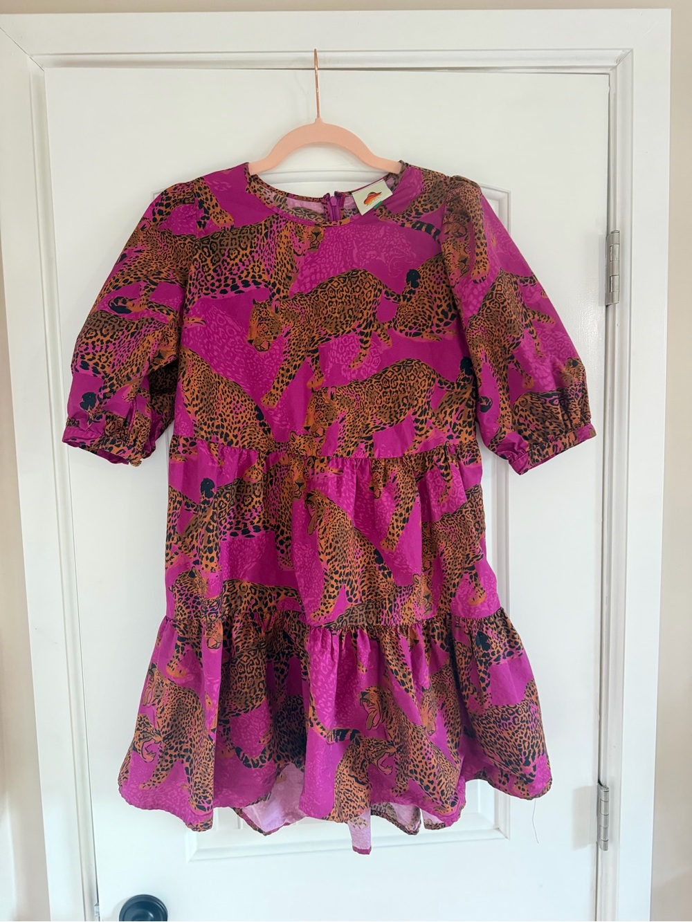 FARM Rio Pink Magenta Leopard Print Tiered Mini Dress Puff Sleeve Size S
